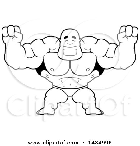Clipart of a Cartoon Black and White Lineart Cheering Buff Muscular Black Bodybuilder in a Posing Trunk - Royalty Free Vector Illustration by Cory Thoman