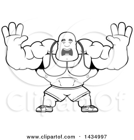Clipart of a Cartoon Black and White Lineart Scared Buff Muscular Black Bodybuilder Holding His Hands up - Royalty Free Vector Illustration by Cory Thoman
