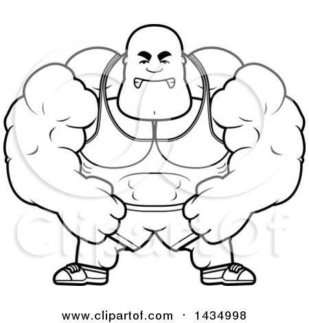 Clipart of a Cartoon Black and White Lineart Mad Buff Muscular Black Bodybuilder Flexing - Royalty Free Vector Illustration by Cory Thoman