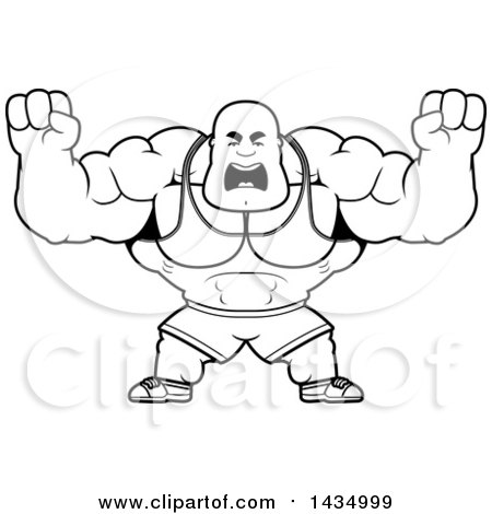 Clipart of a Cartoon Black and White Lineart Buff Muscular Black Bodybuilder Holding His Fists up in Balls of Rage - Royalty Free Vector Illustration by Cory Thoman