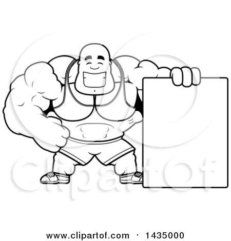 Clipart of a Cartoon Black and White Lineart Buff Muscular Black Bodybuilder with a Blank Sign - Royalty Free Vector Illustration by Cory Thoman