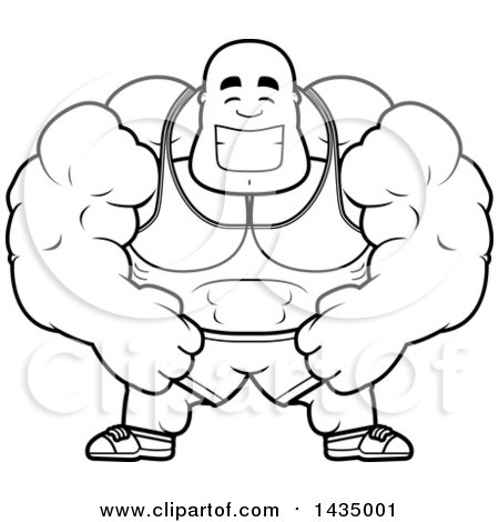 Clipart of a Cartoon Black and White Lineart Happy Buff Muscular Black Bodybuilder - Royalty Free Vector Illustration by Cory Thoman