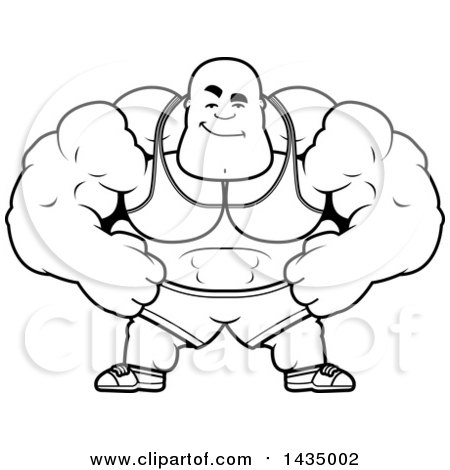 Clipart of a Cartoon Black and White Lineart Smug Buff Muscular Black Bodybuilder - Royalty Free Vector Illustration by Cory Thoman