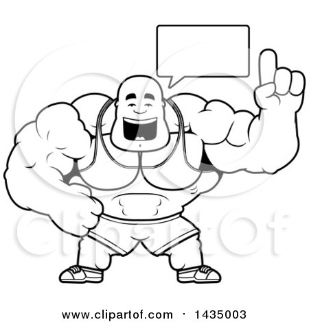 Clipart of a Cartoon Black and White Lineart Buff Muscular Black Bodybuilder Holding up a Finger and Talking - Royalty Free Vector Illustration by Cory Thoman
