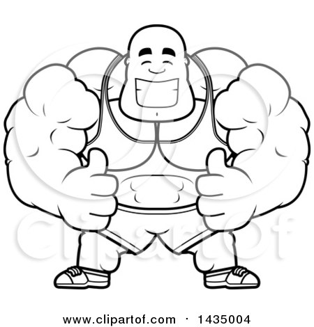 Clipart of a Cartoon Black and White Lineart Buff Muscular Black Bodybuilder Giving Two Thumbs up - Royalty Free Vector Illustration by Cory Thoman