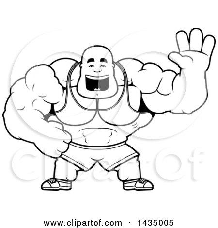 Clipart of a Cartoon Black and White Lineart Buff Muscular Black Bodybuilder Waving - Royalty Free Vector Illustration by Cory Thoman