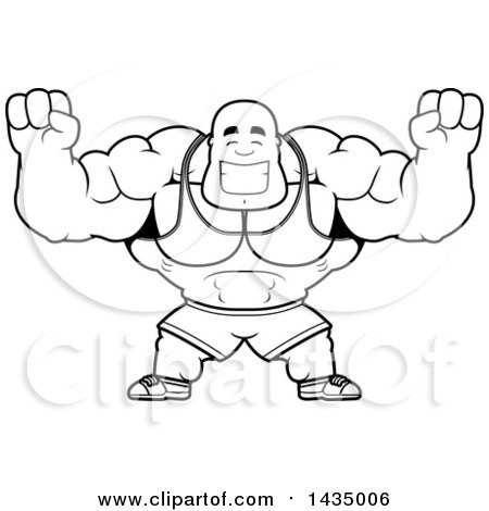 Clipart of a Cartoon Black and White Lineart Cheering Buff Muscular Black Bodybuilder - Royalty Free Vector Illustration by Cory Thoman