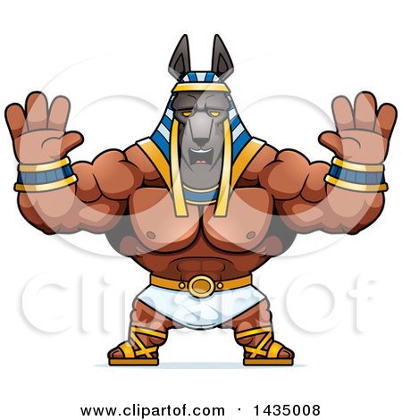 Clipart of a Cartoon Buff Muscular Anubis Holding His Hands up in Fear - Royalty Free Vector Illustration by Cory Thoman