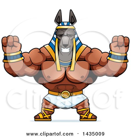 Clipart of a Cartoon Cheering Buff Muscular Anubis - Royalty Free Vector Illustration by Cory Thoman