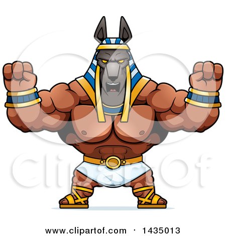 Clipart of a Cartoon Buff Muscular Anubis Holding His Fists up in Balls of Rage - Royalty Free Vector Illustration by Cory Thoman