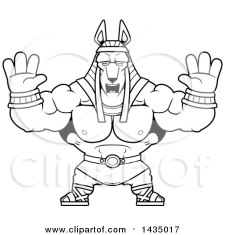 Clipart of a Cartoon Black and White Lineart Buff Muscular Anubis Holding His Hands up in Fear - Royalty Free Vector Illustration by Cory Thoman