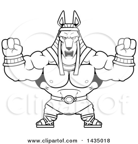 Clipart of a Cartoon Black and White Lineart Buff Muscular Anubis Holding His Fists up in Balls of Rage - Royalty Free Vector Illustration by Cory Thoman