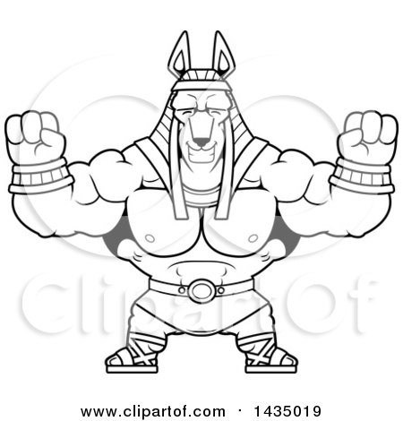Clipart of a Cartoon Black and White Lineart Cheering Buff Muscular Anubis - Royalty Free Vector Illustration by Cory Thoman