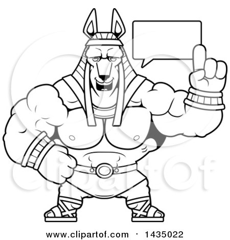 Clipart of a Cartoon Black and White Lineart Buff Muscular Anubis Holding up a Finger and Talking - Royalty Free Vector Illustration by Cory Thoman