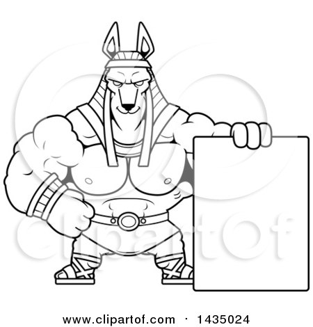 Clipart of a Cartoon Black and White Lineart Buff Muscular Anubis with a Blank Sign - Royalty Free Vector Illustration by Cory Thoman