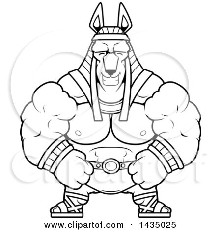 Clipart of a Cartoon Black and White Lineart Happy Buff Muscular Anubis - Royalty Free Vector Illustration by Cory Thoman