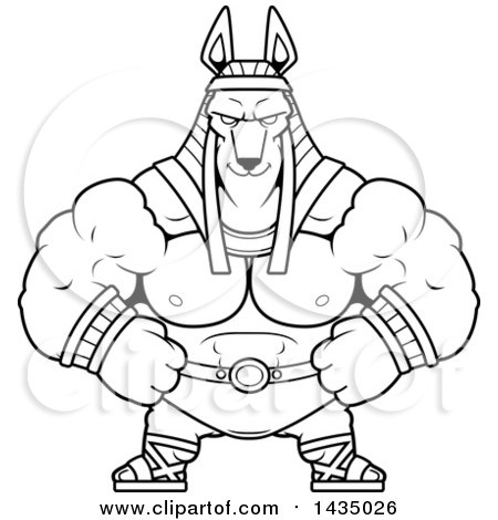 Clipart of a Cartoon Black and White Lineart Smug Buff Muscular Anubis - Royalty Free Vector Illustration by Cory Thoman