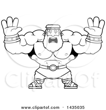 Clipart of a Cartoon Black and White Lineart Buff Muscular Zeus Holding His Hands up and Screaming - Royalty Free Vector Illustration by Cory Thoman