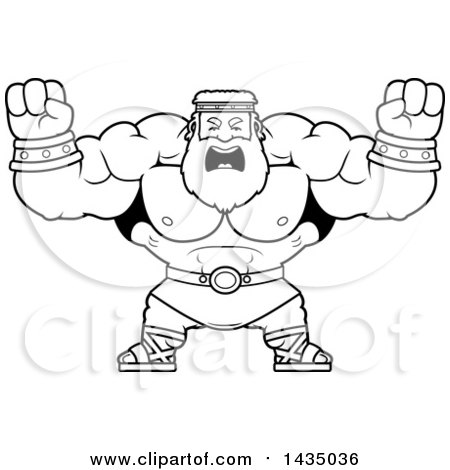 Clipart of a Cartoon Black and White Lineart Buff Muscular Zeus Holding His Fists in Balls of Rage - Royalty Free Vector Illustration by Cory Thoman