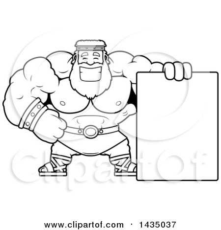 Clipart of a Cartoon Black and White Lineart Buff Muscular Zeus with a Blank Sign - Royalty Free Vector Illustration by Cory Thoman