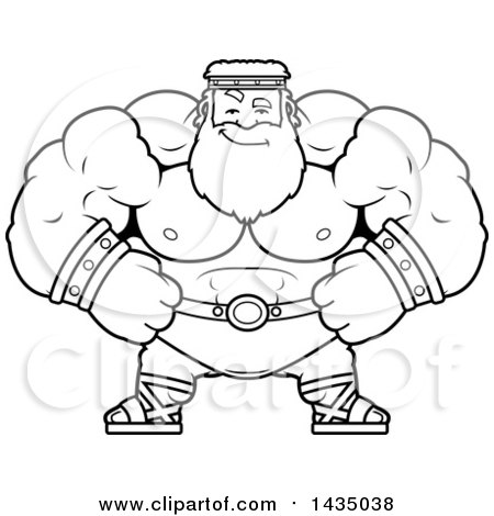 Clipart of a Cartoon Black and White Lineart Smug Buff Muscular Zeus - Royalty Free Vector Illustration by Cory Thoman
