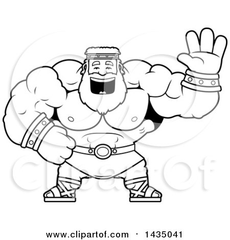 Clipart of a Cartoon Black and White Lineart Buff Muscular Zeus Waving - Royalty Free Vector Illustration by Cory Thoman
