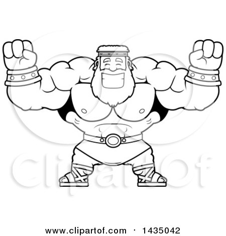 Clipart of a Cartoon Black and White Lineart Buff Muscular Zeus Cheering - Royalty Free Vector Illustration by Cory Thoman