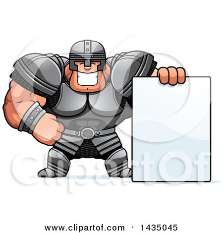 Clipart of a Cartoon Buff Muscular Warrior with a Blank Sign - Royalty Free Vector Illustration by Cory Thoman