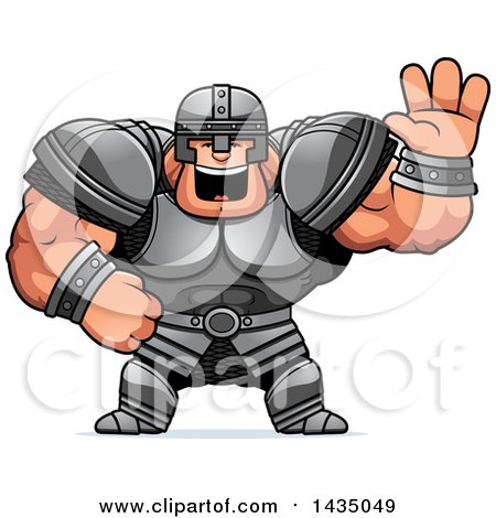 Clipart of a Cartoon Buff Muscular Warrior Waving - Royalty Free Vector Illustration by Cory Thoman