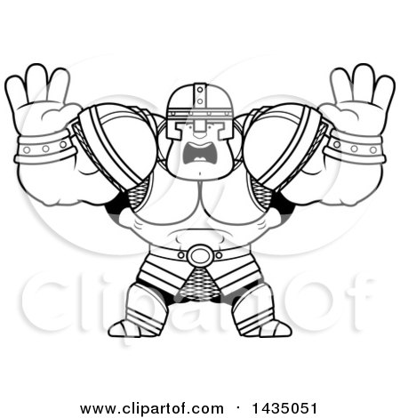 Clipart of a Cartoon Black and White Lineart Buff Muscular Warrior Holding His Hands up and Screaming - Royalty Free Vector Illustration by Cory Thoman