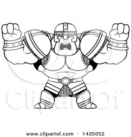 Clipart of a Cartoon Black and White Lineart Buff Muscular Warrior Holding His Fists in Balls of Rage - Royalty Free Vector Illustration by Cory Thoman