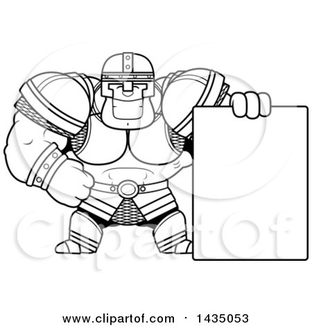 Clipart of a Cartoon Black and White Lineart Buff Muscular Warrior with a Blank Sign - Royalty Free Vector Illustration by Cory Thoman