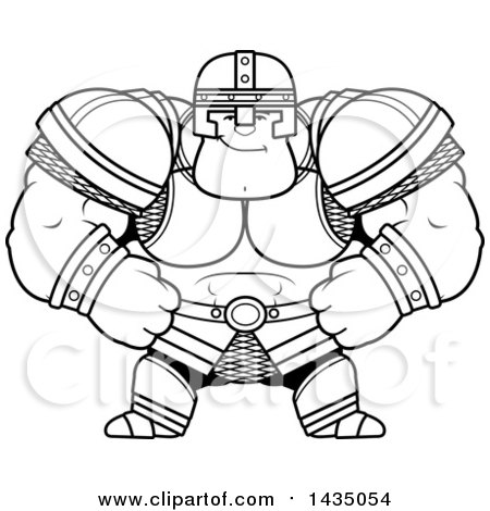 Clipart of a Cartoon Black and White Lineart Smug Buff Muscular Warrior - Royalty Free Vector Illustration by Cory Thoman