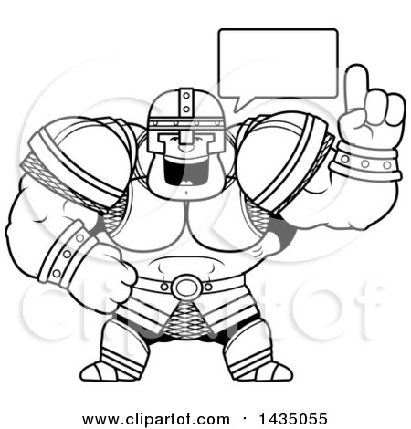 Clipart of a Cartoon Black and White Lineart Buff Muscular Warrior Talking - Royalty Free Vector Illustration by Cory Thoman