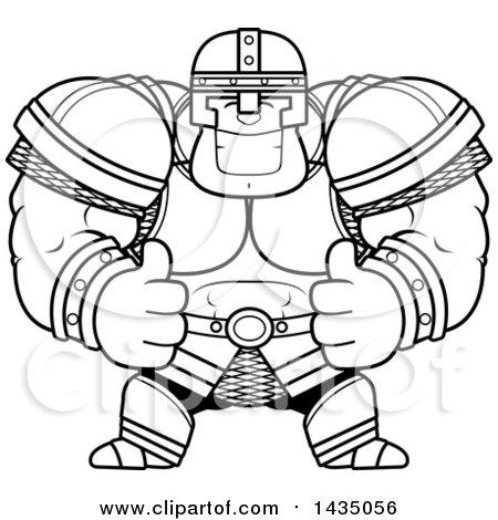 Clipart of a Cartoon Black and White Lineart Buff Muscular Warrior Giving Two Thumbs up - Royalty Free Vector Illustration by Cory Thoman