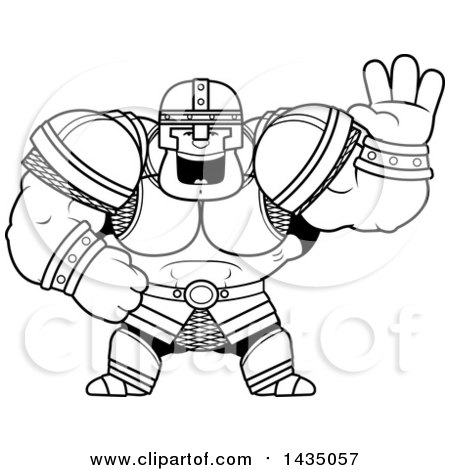 Clipart of a Cartoon Black and White Lineart Buff Muscular Warrior Waving - Royalty Free Vector Illustration by Cory Thoman
