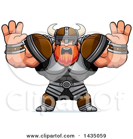 Clipart of a Cartoon Buff Muscular Viking Warrior Holding His Hands up and Screaming - Royalty Free Vector Illustration by Cory Thoman