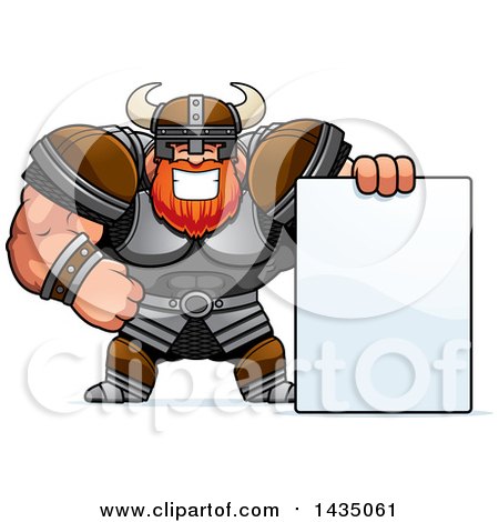 Clipart of a Cartoon Buff Muscular Viking Warrior with a Blank Sign - Royalty Free Vector Illustration by Cory Thoman