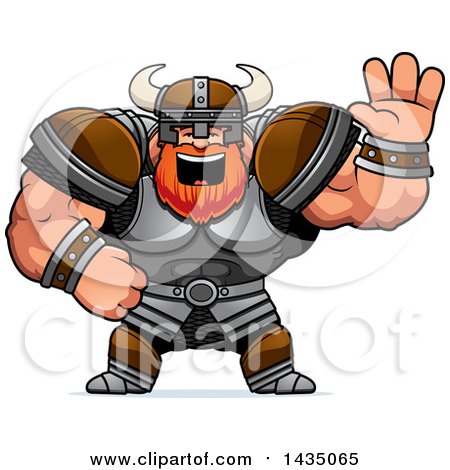 Clipart of a Cartoon Buff Muscular Viking Warrior Waving - Royalty Free Vector Illustration by Cory Thoman