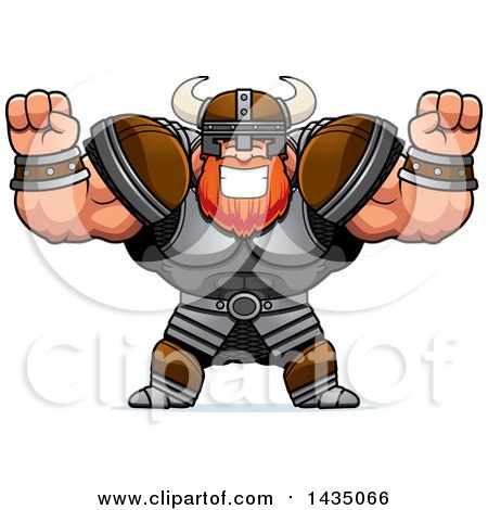 Clipart of a Cartoon Buff Muscular Viking Warrior Cheering - Royalty Free Vector Illustration by Cory Thoman