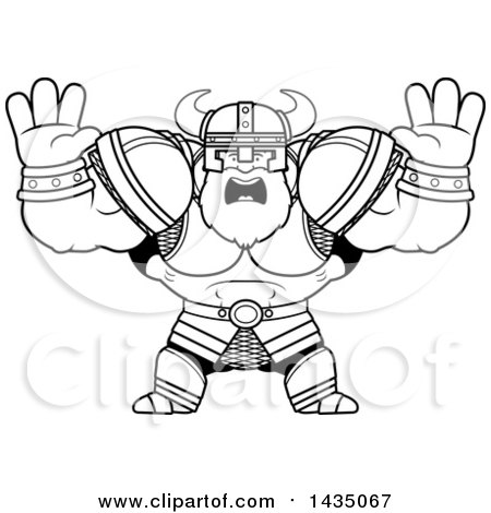 Clipart of a Cartoon Black and White Lineart Buff Muscular Viking Warrior Holding His Hands up and Screaming - Royalty Free Vector Illustration by Cory Thoman