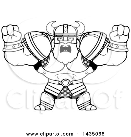 Clipart of a Cartoon Black and White Lineart Buff Muscular Viking Warrior Holding His Fists in Balls of Rage - Royalty Free Vector Illustration by Cory Thoman