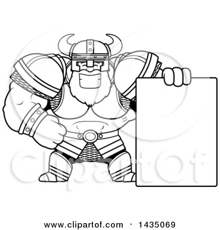 Clipart of a Cartoon Black and White Lineart Buff Muscular Viking Warrior with a Blank Sign - Royalty Free Vector Illustration by Cory Thoman