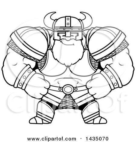 Clipart of a Cartoon Black and White Lineart Smug Buff Muscular Viking Warrior - Royalty Free Vector Illustration by Cory Thoman