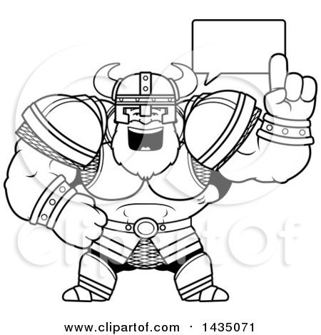 Clipart of a Cartoon Black and White Lineart Buff Muscular Viking Warrior Talking - Royalty Free Vector Illustration by Cory Thoman