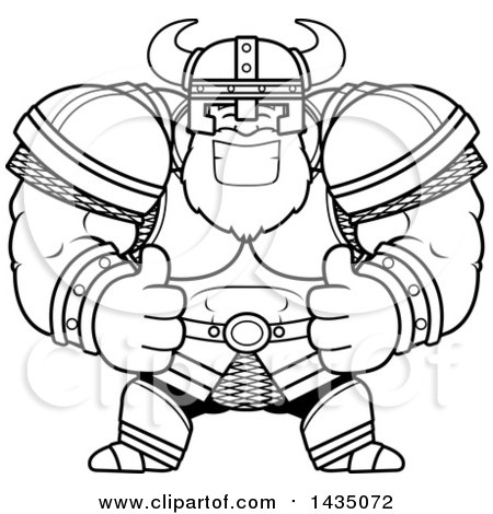 Clipart of a Cartoon Black and White Lineart Buff Muscular Viking Warrior Giving Two Thumbs up - Royalty Free Vector Illustration by Cory Thoman