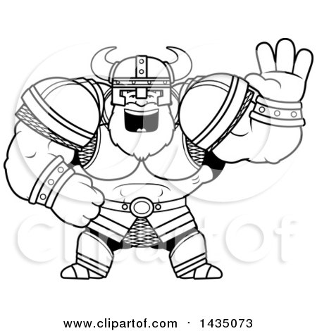 Clipart of a Cartoon Black and White Lineart Buff Muscular Viking Warrior Waving - Royalty Free Vector Illustration by Cory Thoman
