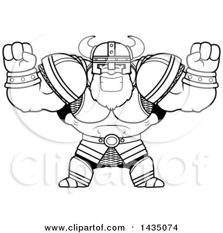 Clipart of a Cartoon Black and White Lineart Buff Muscular Viking Warrior Cheering - Royalty Free Vector Illustration by Cory Thoman