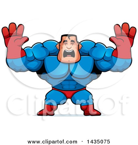 Clipart of a Cartoon Buff Muscular Male Super Hero Holding His Hands up and Screaming - Royalty Free Vector Illustration by Cory Thoman