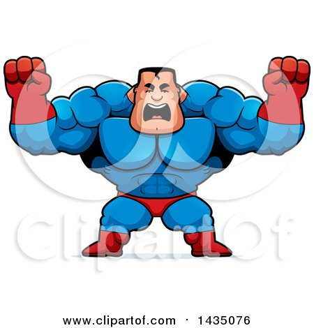Clipart of a Cartoon Buff Muscular Male Super Hero Holding His Fists in Balls of Rage - Royalty Free Vector Illustration by Cory Thoman
